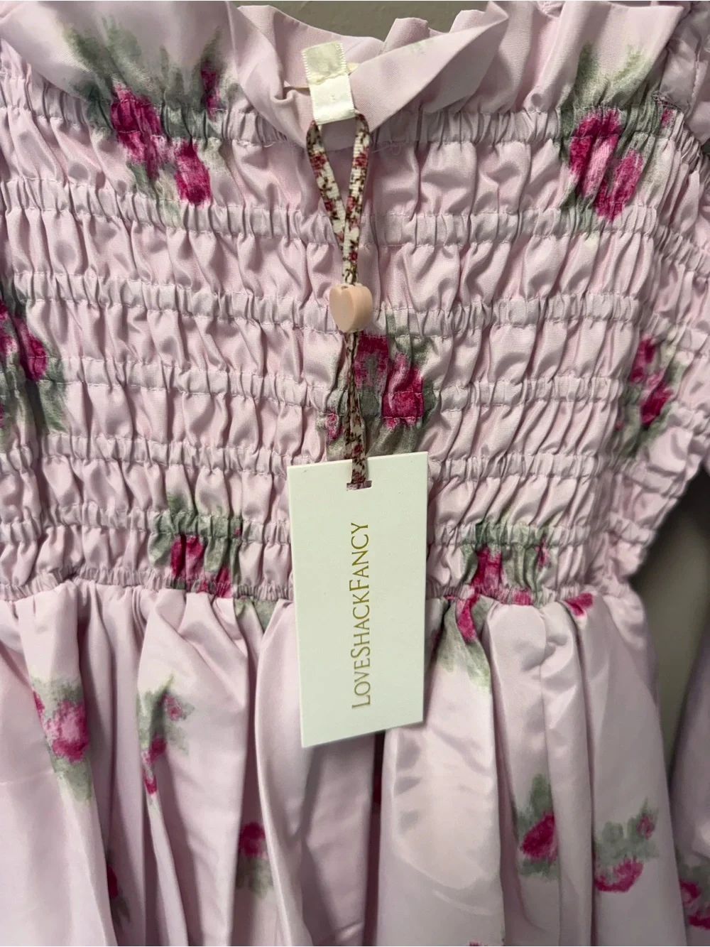 LoveShackFancy Pink Floral Smocked Puff-Sleeve Blouse